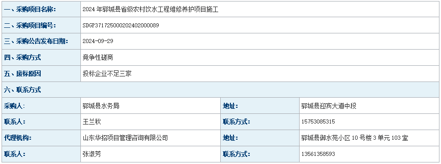 郓城县水务局2024年郓城县省级农村饮水工程维修养护项目废标公告