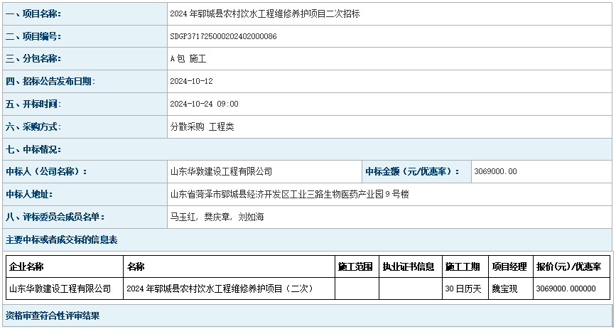 郓城县水务局2024年郓城县农村饮水工程维修养护项目二次招标成 交公告